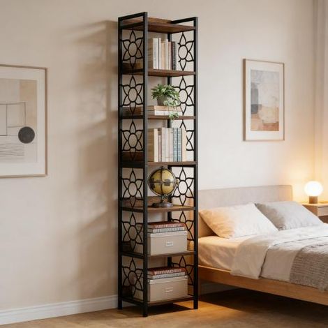 Étagère d'angle 7 niveaux avec motif floral, en métal et MDF, noir et marron rustique (1/5)