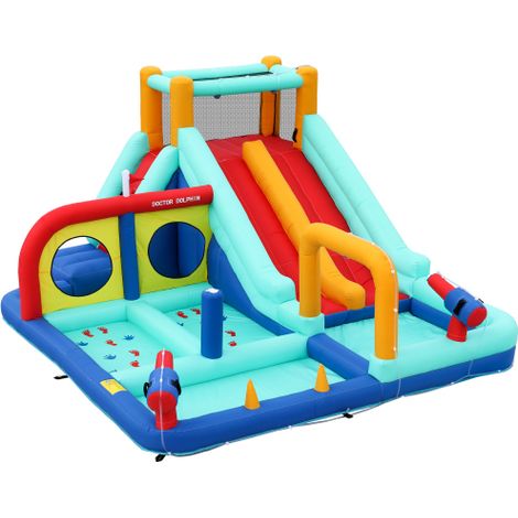 Château gonflable avec souffleur, 2 toboggan, mur d'escalade, pistolet à eau, fontaine, poteau de boxe, pour 3-4 enfants, multicouleur