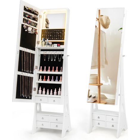 COSTWAY Jewelry Cabinet 3-color LED Lighted Jewelry Organizer Armoire-White (1/5)