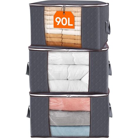 APEX Lot de 3 sacs de rangement pour vêtements de 90 L avec couvercle, poignées renforcées et tissu épais (1/5)