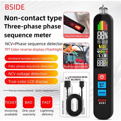 Testeur de phase 2 en 1 BSIDE AVX1 et détecteur NCV, contrôle de séquence de phase de ligne sous tension écran couleur LCD haute sensibilité affichage de la température rechargeable par USB 400 mAh (1/5)