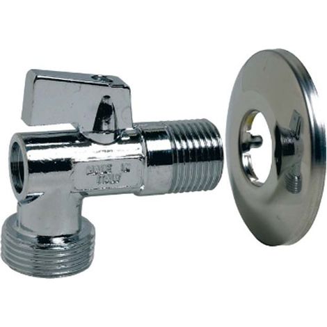 Vanne à sphère équerre laiton chromé machine à laver M1/2" (15/21) avec rosace - sortie M3/4" (20/27) - Sferaco (1/5)