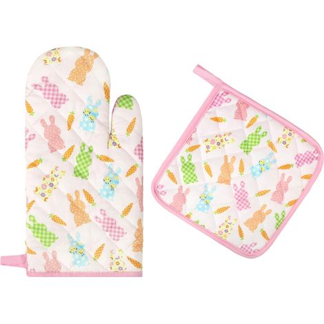 Gants De Four & Maniques Pâques Lapin Lot De 2, 100% Coton Maniques Cuisine Gant Four Anti Chaleur Extra-Longue pour Barbecue, Cuisine, Griller,Micro-Ondes (1/4)