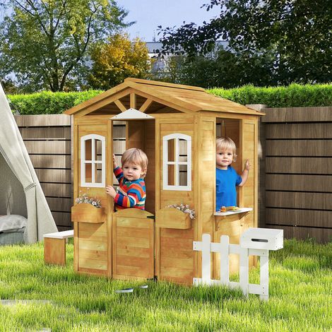 Cabane de jeu pour enfant maison de jardin en bois porte et fenêtres. banc. boite aux lettres. clôture. de 3 à 6 ans