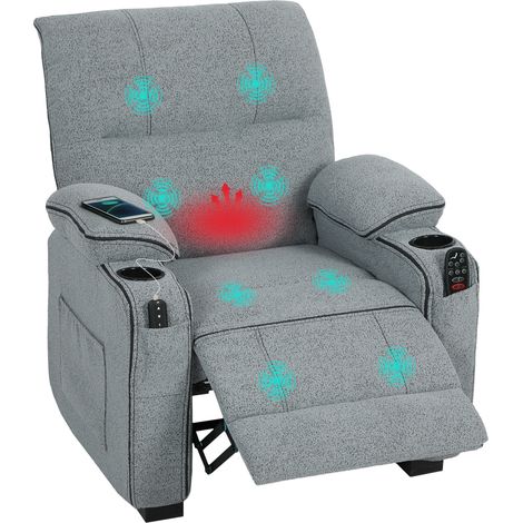 Electric Massage Recliner Armchair with Vibration, Heat, Whisper-Quiet Motor, Memory Function, Velvet Power Reclining Chair with Spring Pack, USB Port, Footrest, Side Pocket, Cup Holders, Grey (1/5)