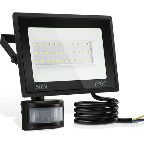 Jiubiaz Proiettore LED da Esterno 50W con Sensore di Movimento – Impermeabile IP66, Faro Giardino 6000K Luce Bianca Fredda