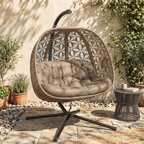 Chaise suspendue avec support pour 2 personnes, panier suspendu pliable avec coussin épais, porte-gobelets et ceinture de sécurité (1/5)