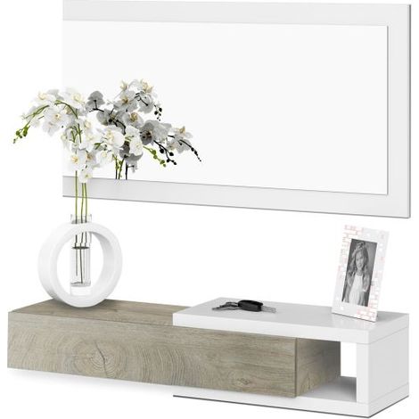 Mueble de recibidor con espejo Derek Blanco Artik (Blanco Mate) – Roble Alaska (ancho) x 19cm (alto)