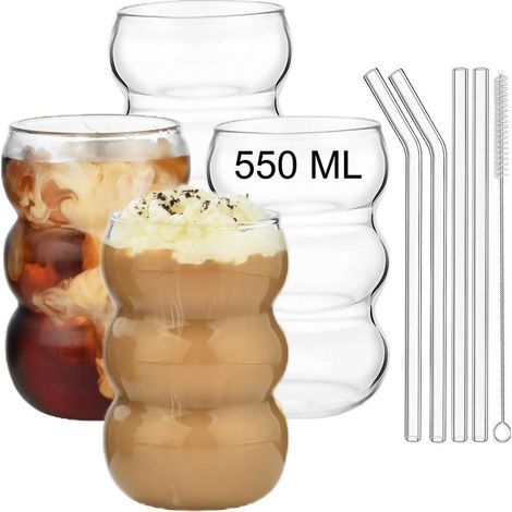 4er Set Trinkgläser 550ml mit Wellendesign, inkl. Glasstrohhalmen (1/5)