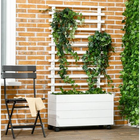 Jardinière avec treillis 76x30x155 cm blanche en bois avec roulettes et bac de culture (1/5)