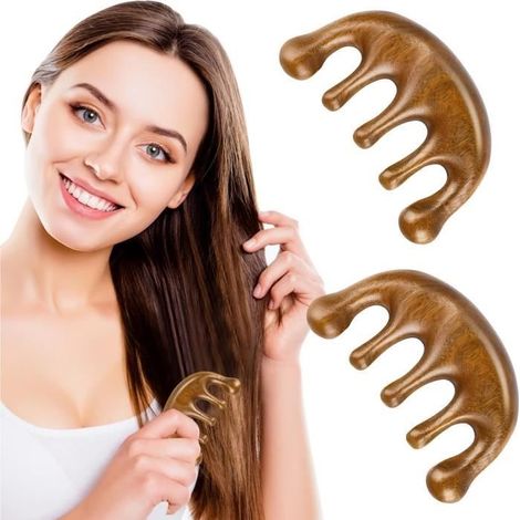 Gua Sha Massagekamm aus Holz mit breiten Zinken, Massagekämme aus Holz mit breiten Zinken, Kopfhautmassagegerät mit runden Zinken (1/4)