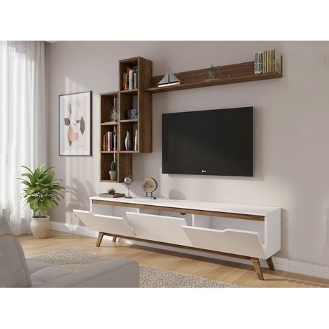 Dmora - Fernsehschrank Dleonard, Ständer für Wohnzimmerfernseher, Niedriges Wohnzimmer-Sideboard, TV-Ständerbasis, 180x35h49 cm, Weiß und Walnuss (1/5)