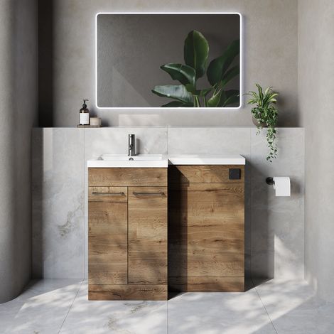 Napoli 390 Tobacco Oak 1000mm 2 Door Vanity Unit Toilet Suite with Left Hand Square Lucia Basin - 1000mm - Gunmetal Grey 160mm HandleWithout Kingston Toilet Pan