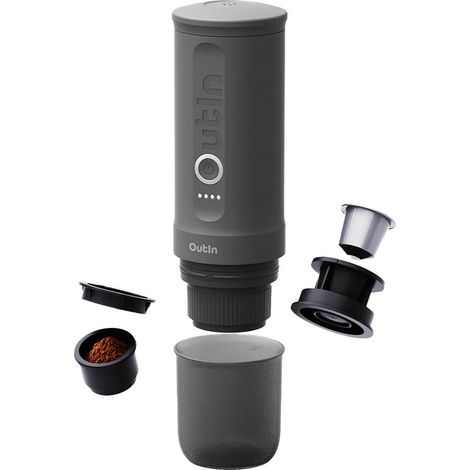 OutIn Nano Cafetera Espresso Eléctrica Portátil - Gris Sideral, Autocalentable USB-C, Café Molido y Cápsulas NS - Camping, Viaje, Senderismo