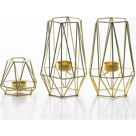 Set aus 3 goldenen Kerzenleuchtern (2 große + 1 kleiner), geometrische Kerzenleuchter aus durchbrochenem Metall, modernes Eisen (1/5)