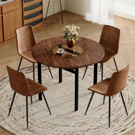 5-teiliges Esszimmer-Set mit Rundtisch und 4 Stühlen, mit Glasablage, Metall Stoff Glas, Braun Schwarz (1/5)