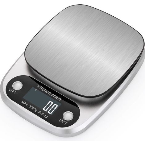 Balance de cuisine électronique 3 kg/0,1 g, boîtier en plastique avec grand écran LCD, fonction tare, arrêt automatique, idéale pour la cuisine et le barbecue. (1/3)