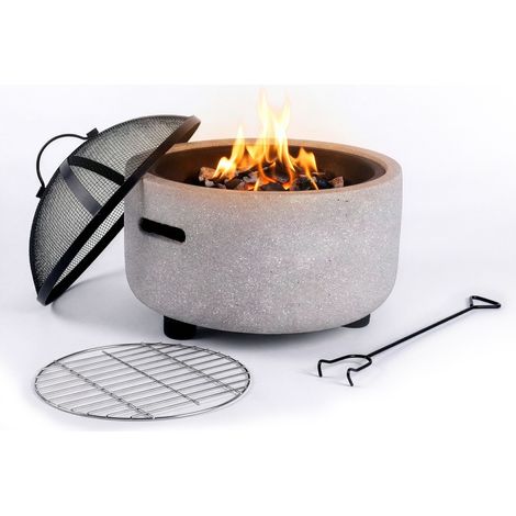Relaxdays Feuerschale, Ø Schale 44 cm, Funkenschutz, Schürhaken, Steinoptik, Stahl, Feuerstelle Garten, grau/schwarz