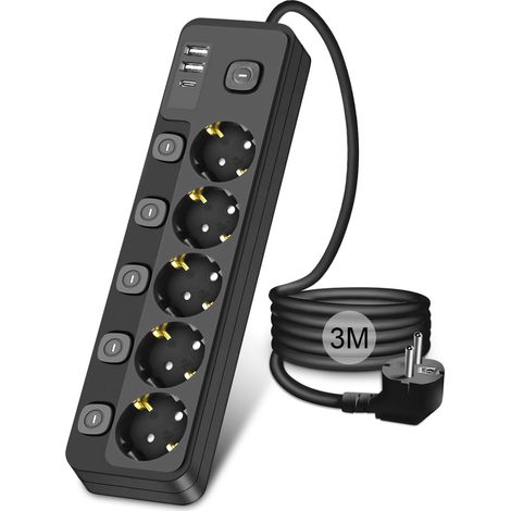 Multiprise avec interrupteur 3M, 5 prises Multiprise Electrique avec 2 USB-A et 1 USB C, Prise Multiple Parafoudre Parasurtenseur pour Bureau/Cuisine, noir(3M) (1/5)