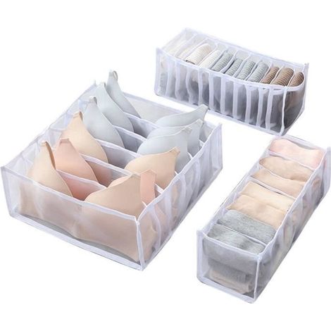 3pcs pratique multi-grilles sous-vêtements boîte de rangement chaussette soutien-gorge organisateur, blanc (1/4)