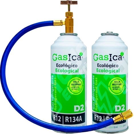 Pack ahorro (2x226Gr) Botellas Gas Refrigerante Ecológico Gasica D2 sustituto de R12, R134A más manguera con llave recarga Gas (1/5)