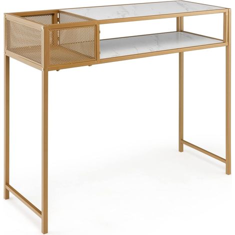 COSTWAY Mesa de Consola de Mármol de Imitación de 2 Niveles con Estante Abierto, Marco de Acero Dorado, Mesa de Entrada Compacta, Consola Recibidor Sala de Estar, Pasillo 110 x 40 x 90,5 cm (1/5)