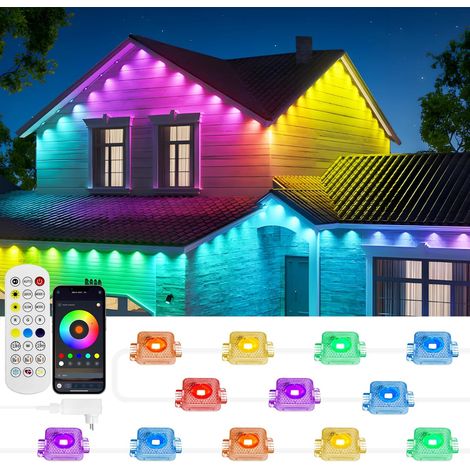 Éclairage extérieur permanent, guirlande lumineuse RGBIC intelligente de 30 m avec différents modes d'éclairage, étanche, avec application et télécommande pour fêtes en intérieur et en extérieur. (1/5)