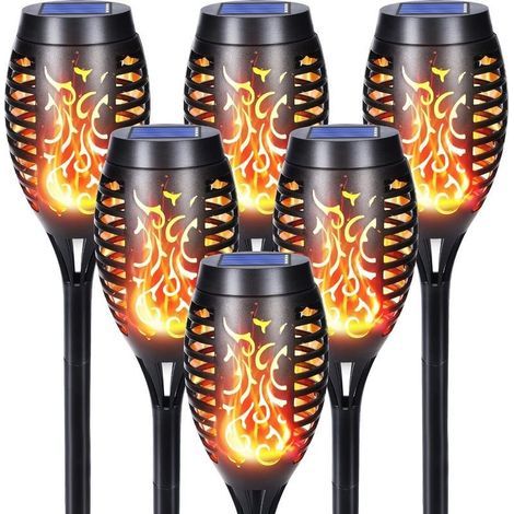 Lot de 6 lampes solaires d'extérieur 12 LED avec effet flamme réaliste Étanchéité IP65 Torches solaires pour la décoration des jardins, allées, arrière cours, pelouses et balcons (1/5)