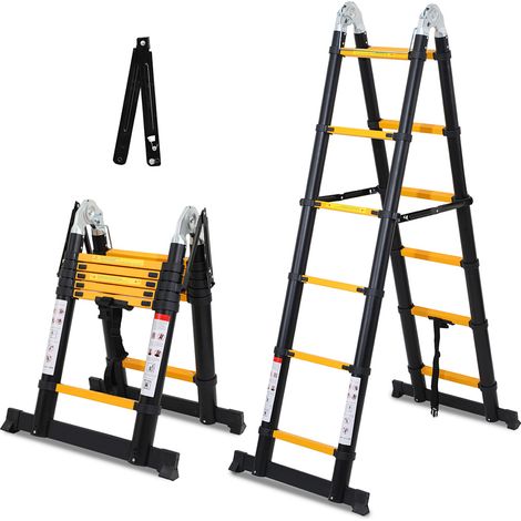 Wolketon Échelle télescopique Aluminium 1.9m+1.9m jaune-noir sans crochet Avec stabilisateur Avec roues