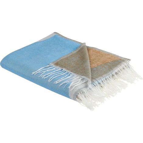 Couvre-Lit à Franges Couleur Beige et Bleu 130 x 170 cm Décoratif et Doux Hakui