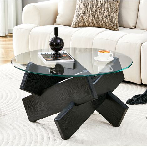 Mesa baja redonda 79x79x45 cm, cubierta de vidrio y patas en MDF, negro (1/5)
