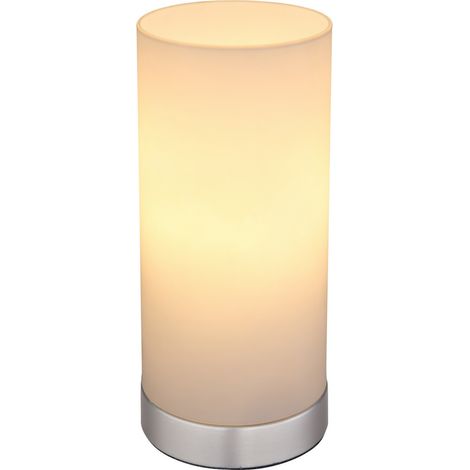 Globo Cyli Lampe de table cylindrique en nickel mat, abat-jour en verre opale, culot E14, intensité variable 3 000 K