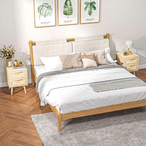 Lot de 2 tables de chevet bohèmes en rotin cannage, 2 tiroirs, dimensions 40x40x56 cm, teinte naturelle. (1/5)