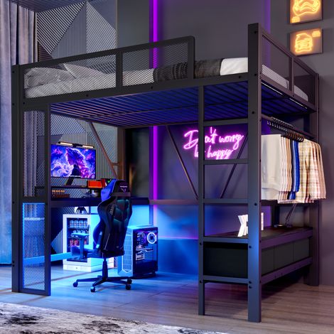 Lit mezzanine en métal de 140 x 200 cm avec USB,LED,bureau,armoire ouverte et 3 tiroirs à linge,noir