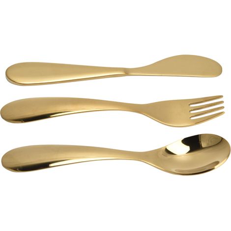 Goldfarbenes Edelstahl-Kinderbesteckset C322 - 3-teilig (Messer, Gabel, Löffel), tragbares, robustes Geschirr für Schulkinder, ideal für Picknicks, Camping und Mahlzeiten zu Hause. (1/5)