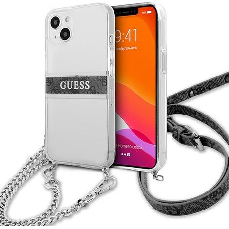 Funda rígida transparente Guess GUHCP13SKC4GBSI para iPhone 13 mini de 5,4 pulgadas, 4G, correa gris y cadena plateada. (1/5)