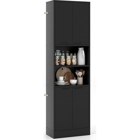 COSTWAY Credenza da Cucina Salvaspazio 56 x 30 x 190cm, Mobile Buffet Alto con 2 Armadi a Doppia Porta e 2 Mensole Aperte, Mobiletto Multiusuo per Soggiorno, Camera da letto e Bagno (Nero) (1/5)