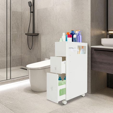 Badezimmerschrank schmal 19,5 cm Nischenschrank mit 2 Schubladen und Rollen  Holz-Kunststoffplatte, WC-Schrank für kleine Bäder, 4 Bremsrollen, Badschrank klein, Tissuefach, offenes Ablagefach (1/5)