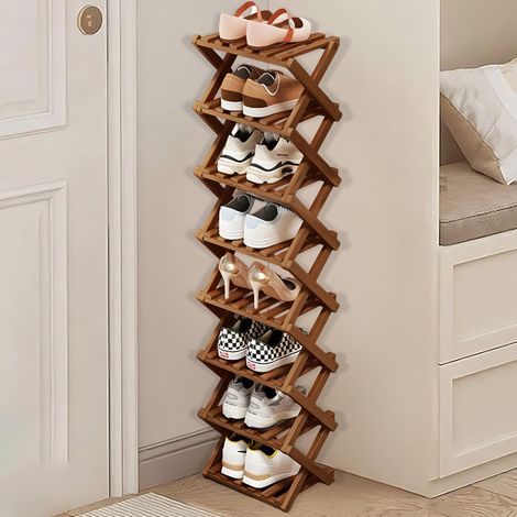 Étagère À Chaussures Pliante Bois 8 Niveaux Marron (1/5)