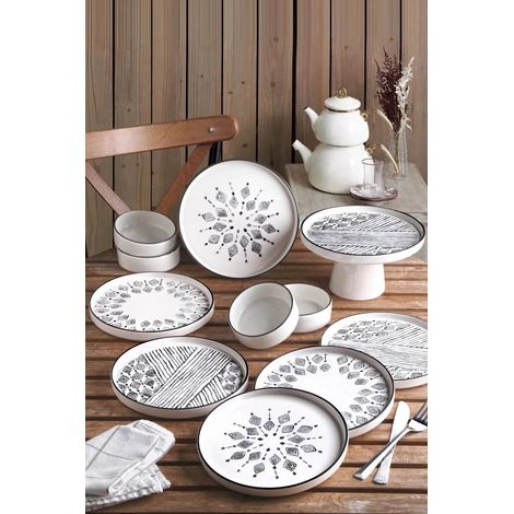 Juego de desayuno, vajilla, mantel individual. Set 100% Cerámico Negro Blanco