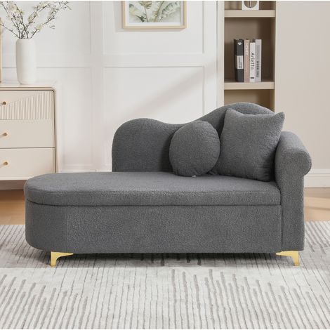 Chaise longue avec rangement 134 cm, tissu effet peau de mouton gris, avec 2 coussins DESVIAE (1/5)