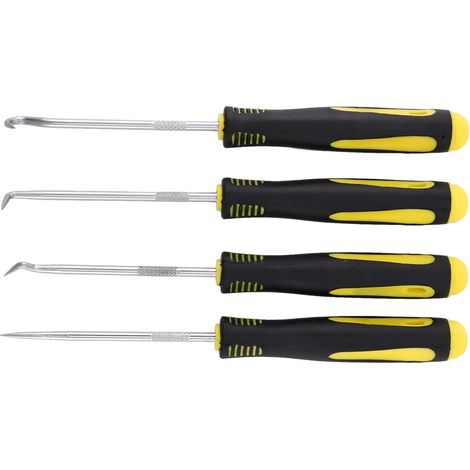 Sollbry Juego de 4 herramientas de gancho raspador, extractor de sellos de aceite, junta tórica de goma, destornillador, herramientas manuales de extracción, color negro y amarillo. (1/4)