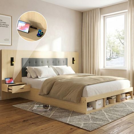 Lit double 180x200 avec rangement et table de nuit usb clair (1/4)
