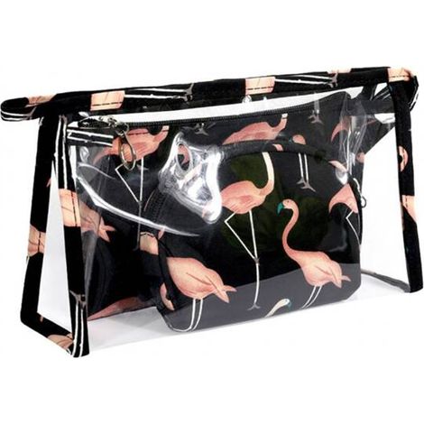 Set di 3 trousse per cosmetici Ecarla, nere con fenicotteri rosa KS65WZ2 (1/3)