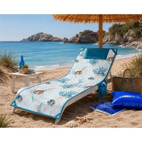 Telo Teddy Coralli e Pesci Telo Mare Lettino 62x185 in Microfibra con Tasche, Elastici e Cuscino (1/2)