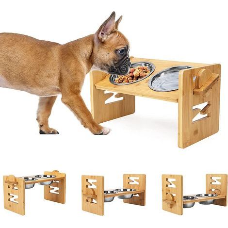 Gamelle surélevée pour chien – Gamelle sur pied réglable. gamelle surélevée pour petits chiens et chats. station d'alimentation en bambou durable avec 2 gamelles en acier inoxydable (1/4)