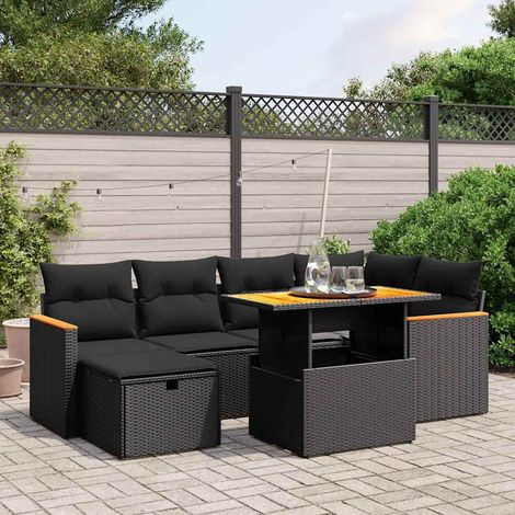 Salon de jardin 7 pièces en résine tressée noire avec coussins, table réglable et repose-pied - PANGIVO (1/4)
