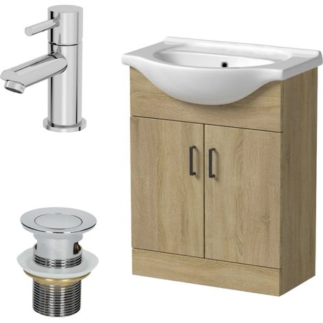 650mm Oak Bathroom Vanity Unit Basin Freestanding Chrome Malmo Tap & Waste Set (1/5)