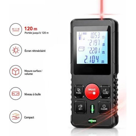 Télémètre laser de 120 mètres, alimenté par batterie, précision ±3 mm, double niveau, mesure de surface et de volume. (1/5)