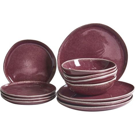 Set of 12 Pieces Burgundy Stoneware Kaolin Handmade Reactive Glaze Finish Service for 4 People Kitchen Dining Room HOPS